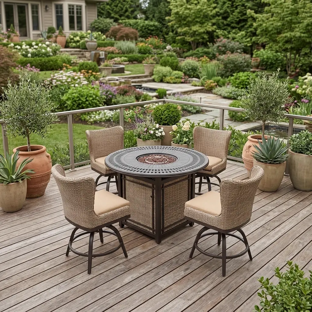 5-piece fire pit dining set, deck angle view