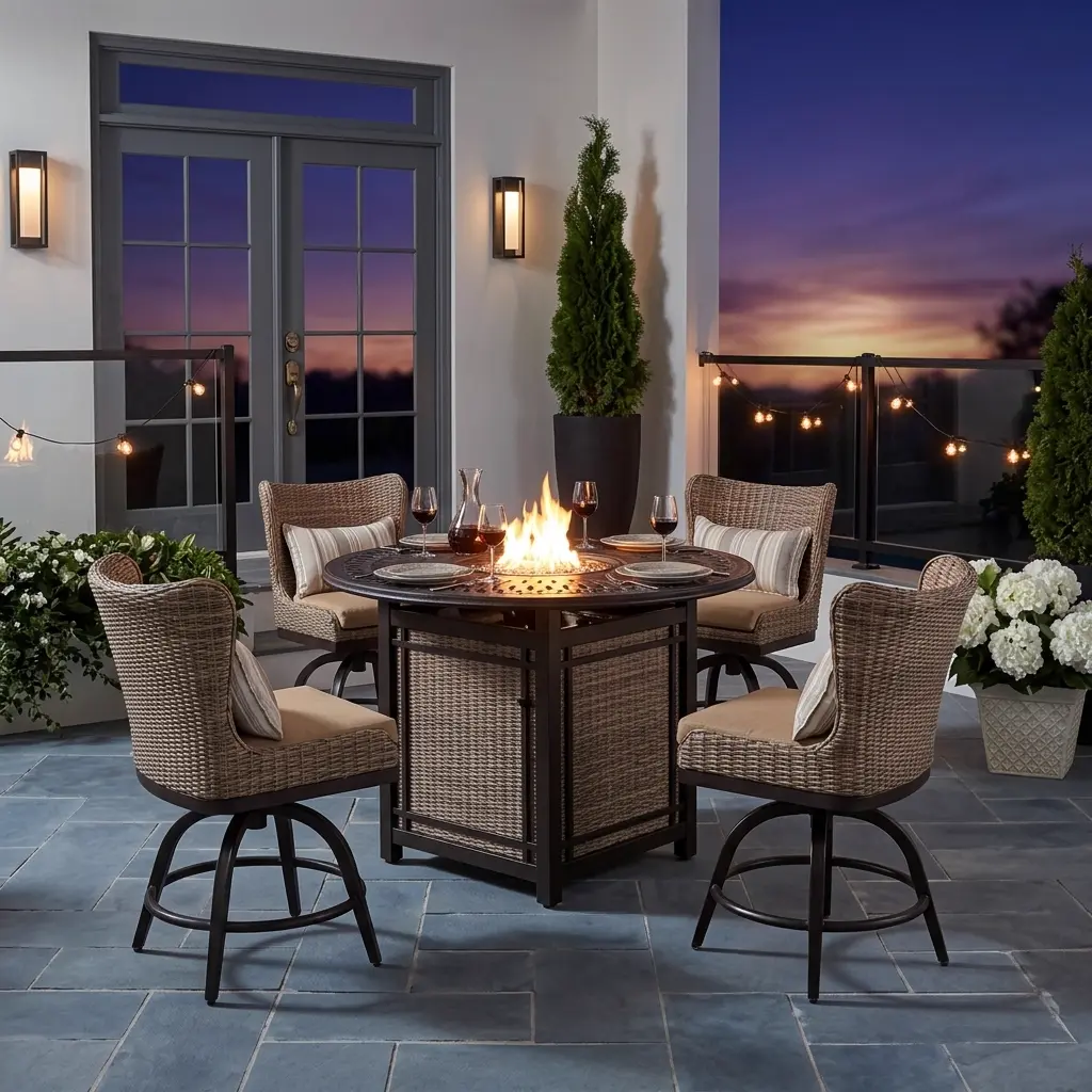 5-piece fire pit dining set, evening lifestyle view
