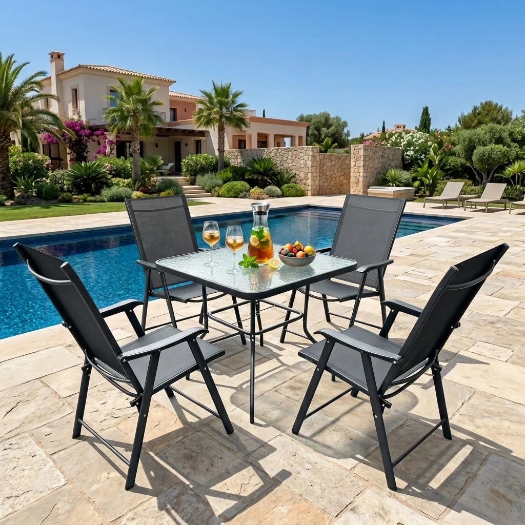 5-PCS Black Steel Dining Set - Poolside View