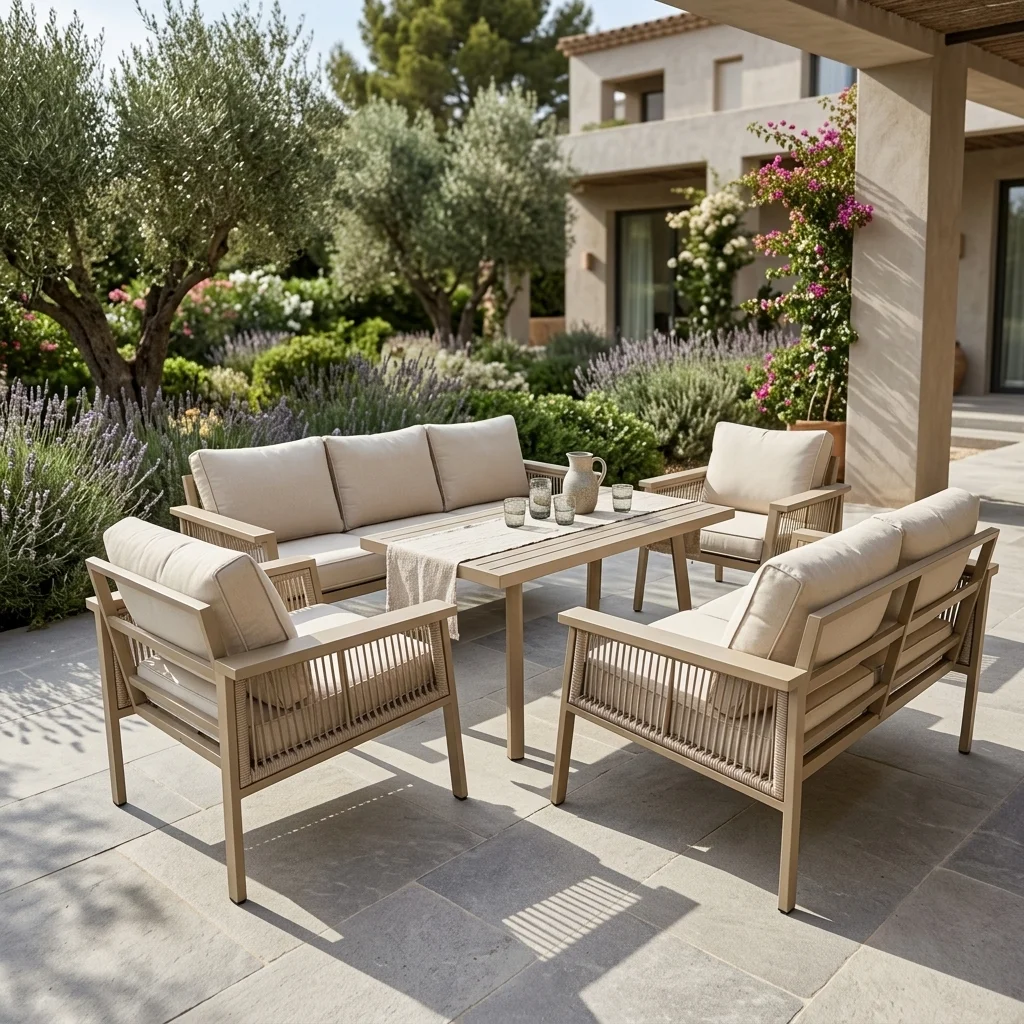 5-PCS Beige Upholstered & Rope Sofa Set with Dining Table