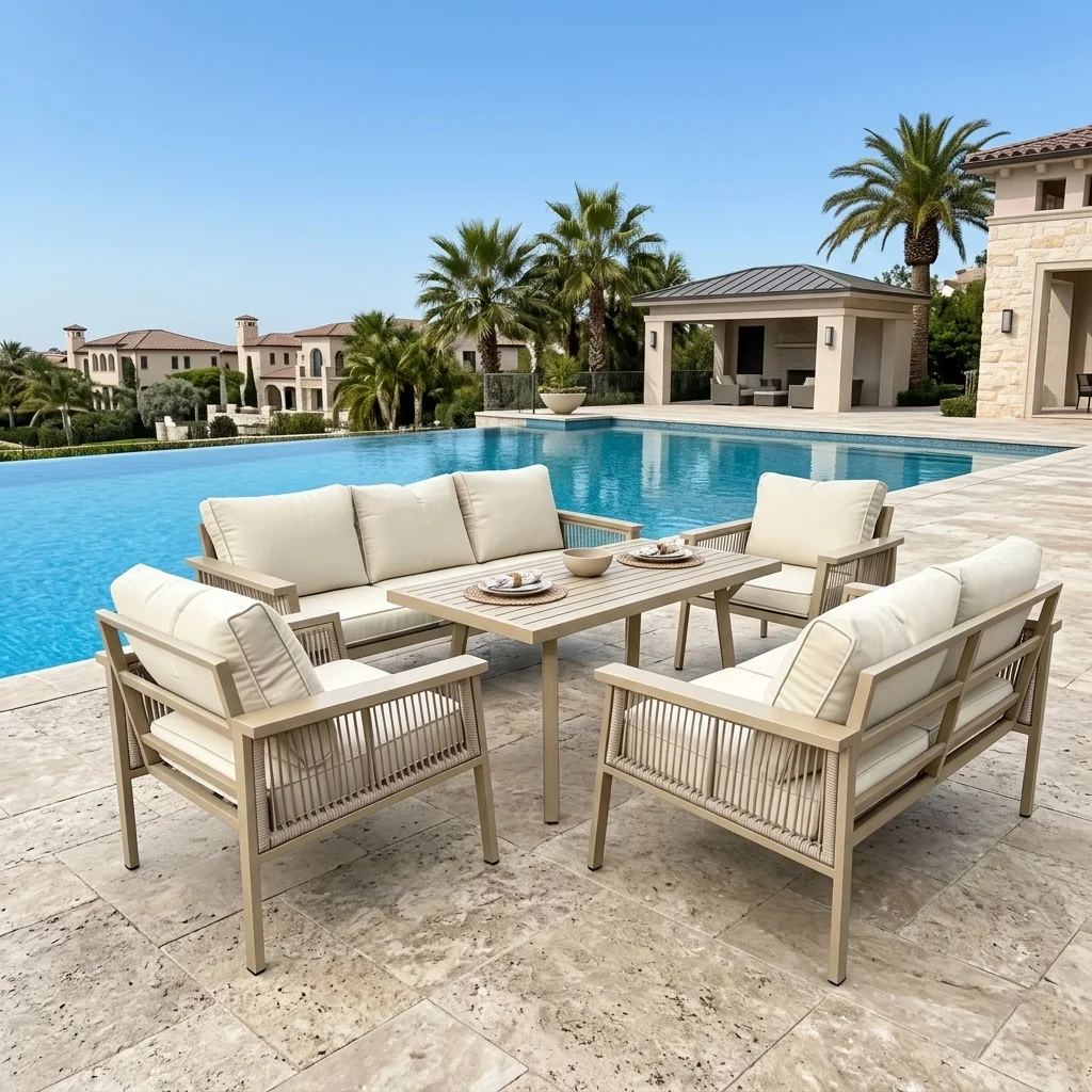 5-PCS Beige Aluminum and Rope Sofa Set with Dining Table