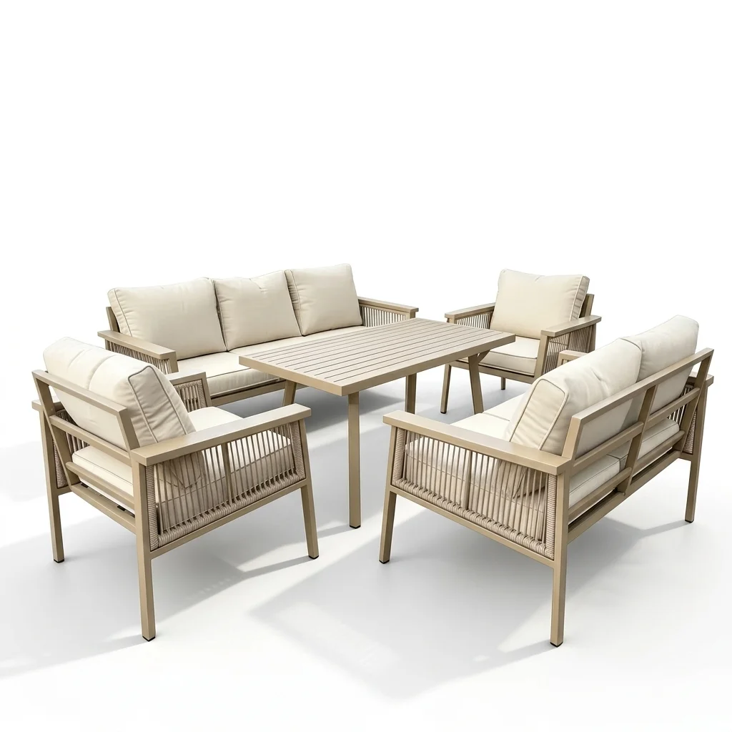 5-PCS Beige Aluminum and Rope Sofa Set - Studio View