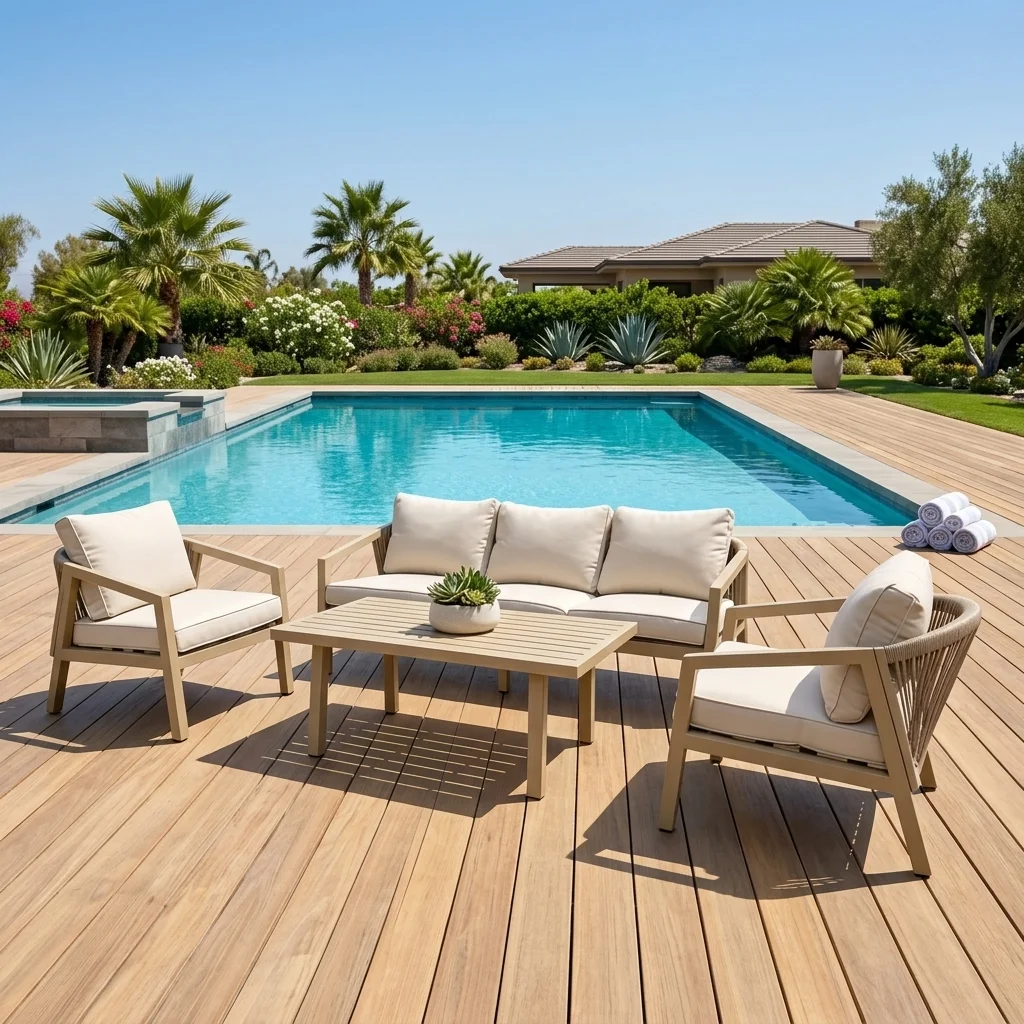 4-PCS Beige Aluminum Conversation Sofa Set - Poolside View