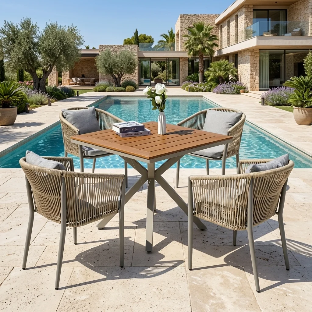 5-PCS Grey Aluminium and Polywood Dining Set Square Table - Poolside View