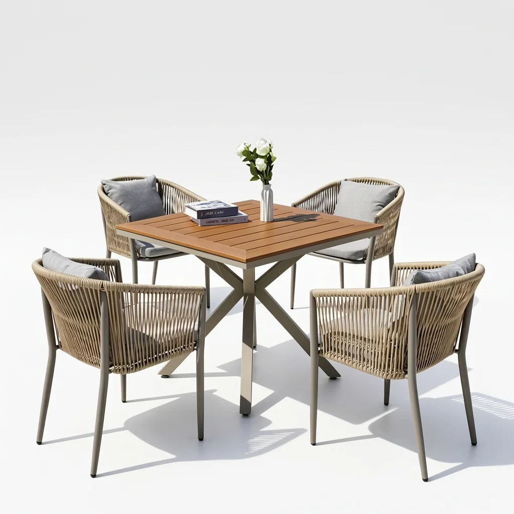 5-PCS Grey Aluminium and Polywood Dining Set Square Table - Studio View