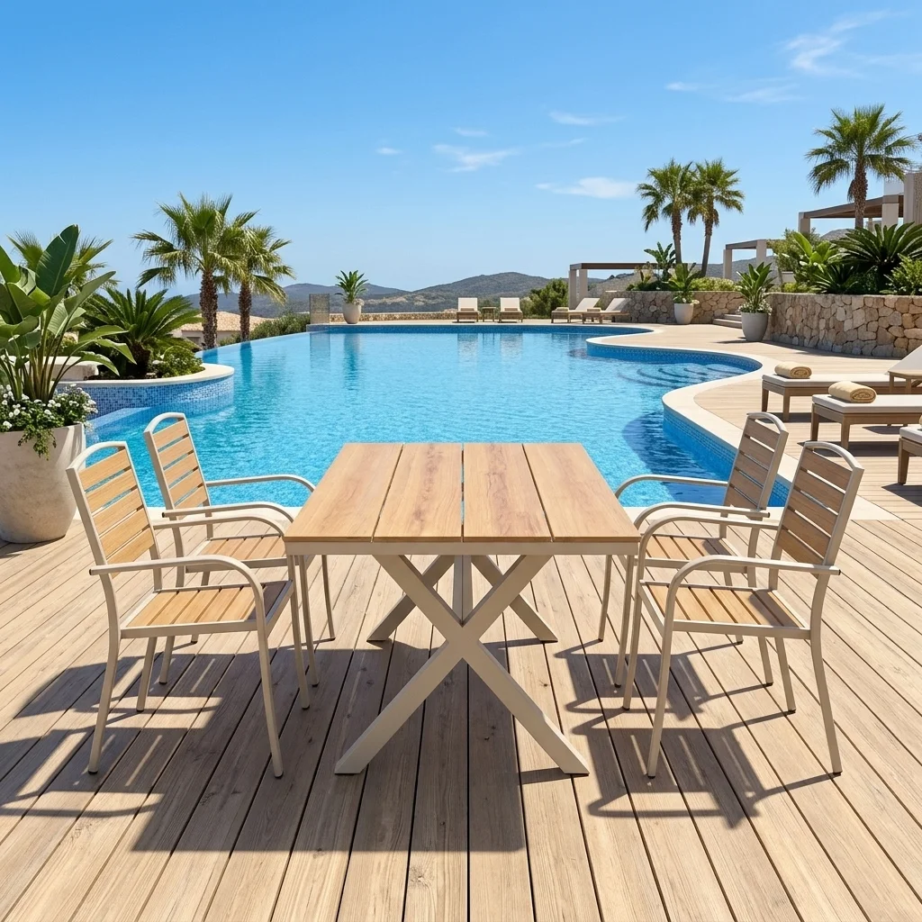 5-PCS Natural Steel Dining Set - Poolside View