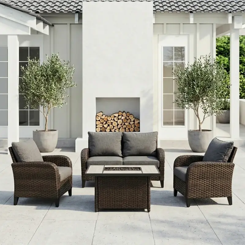 4-piece PE wicker rattan conversation set with fire table