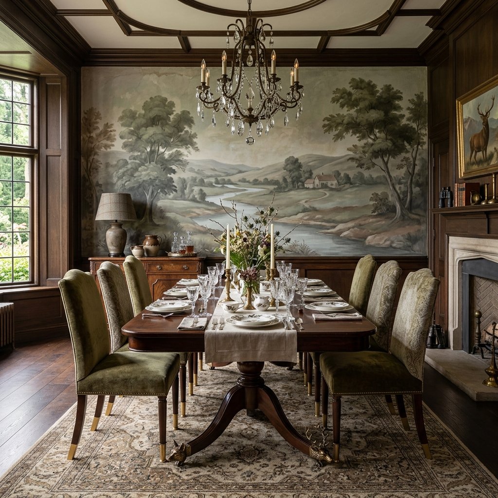 Dining Room with Pastoral Tree Mural and Animal Motif Hardware